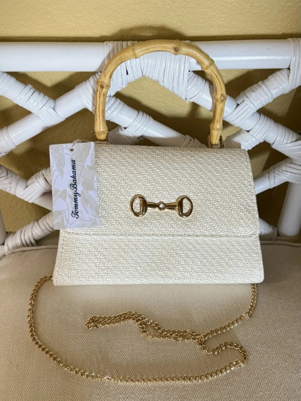 Tommy Bahama Woven Straw Natural Bag Bamboo Handle Gold Chain NWT
